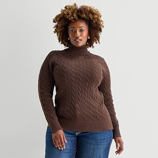 St. John's Bay Plus Womens Turtleneck Long Sleeve Cable Knit Pullover Sweater