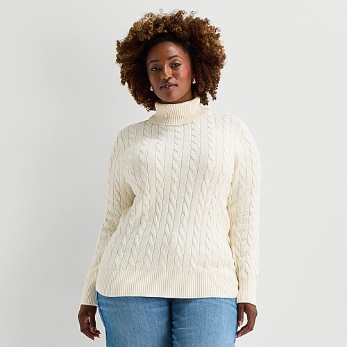 St. John's Bay Plus Womens Turtleneck Long Sleeve Cable Knit Pullover Sweater In White