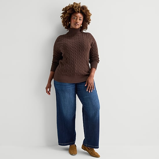 St. John's Bay Plus Womens Turtleneck Long Sleeve Cable Knit Pullover Sweater