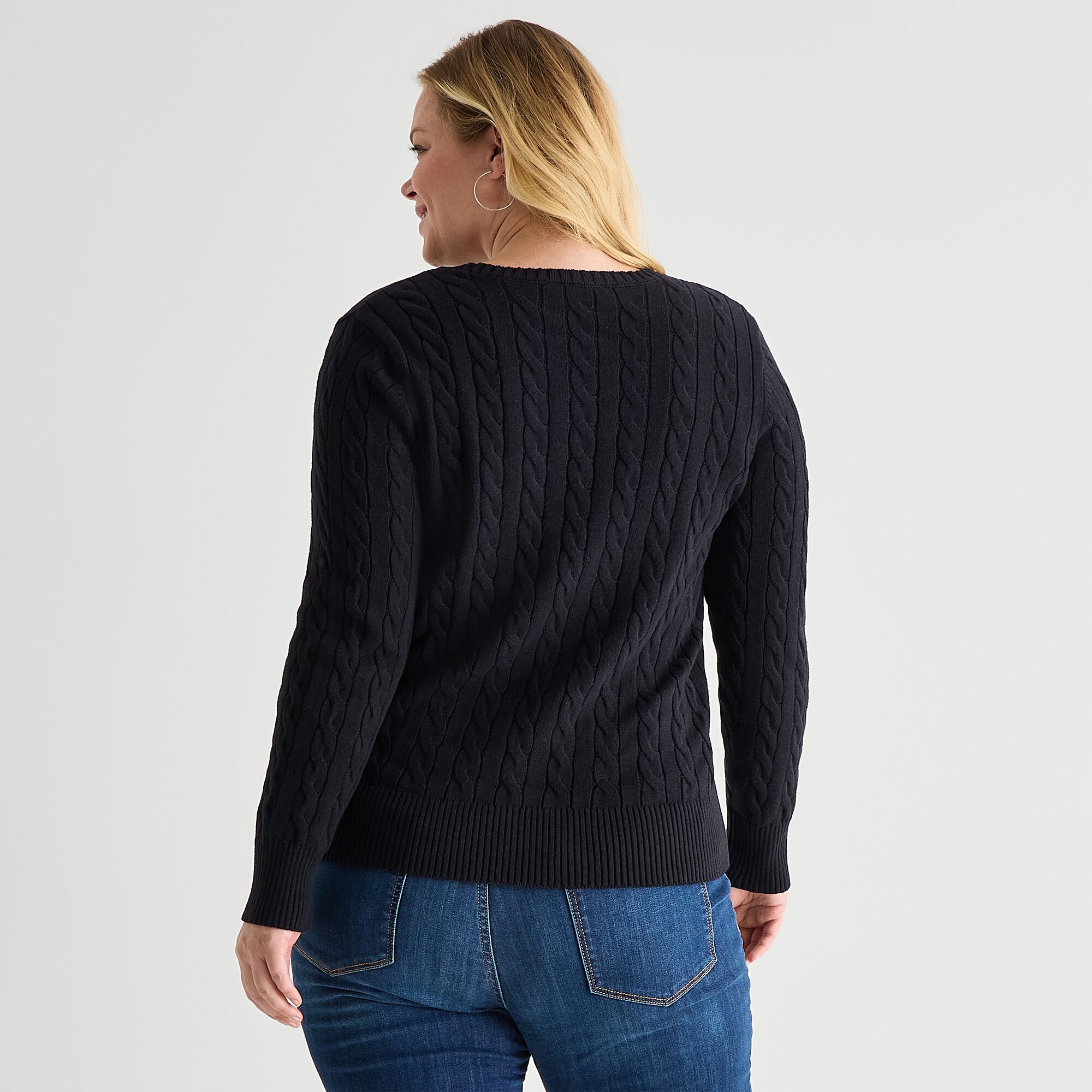 St. John's Bay Plus Womens Crew Neck Long Sleeve Cable Knit Pullover Sweater