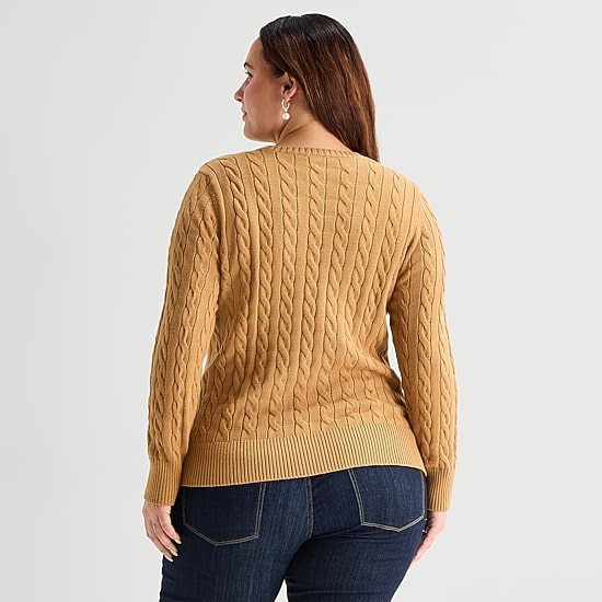 St. John's Bay Plus Womens Crew Neck Long Sleeve Cable Knit Pullover Sweater