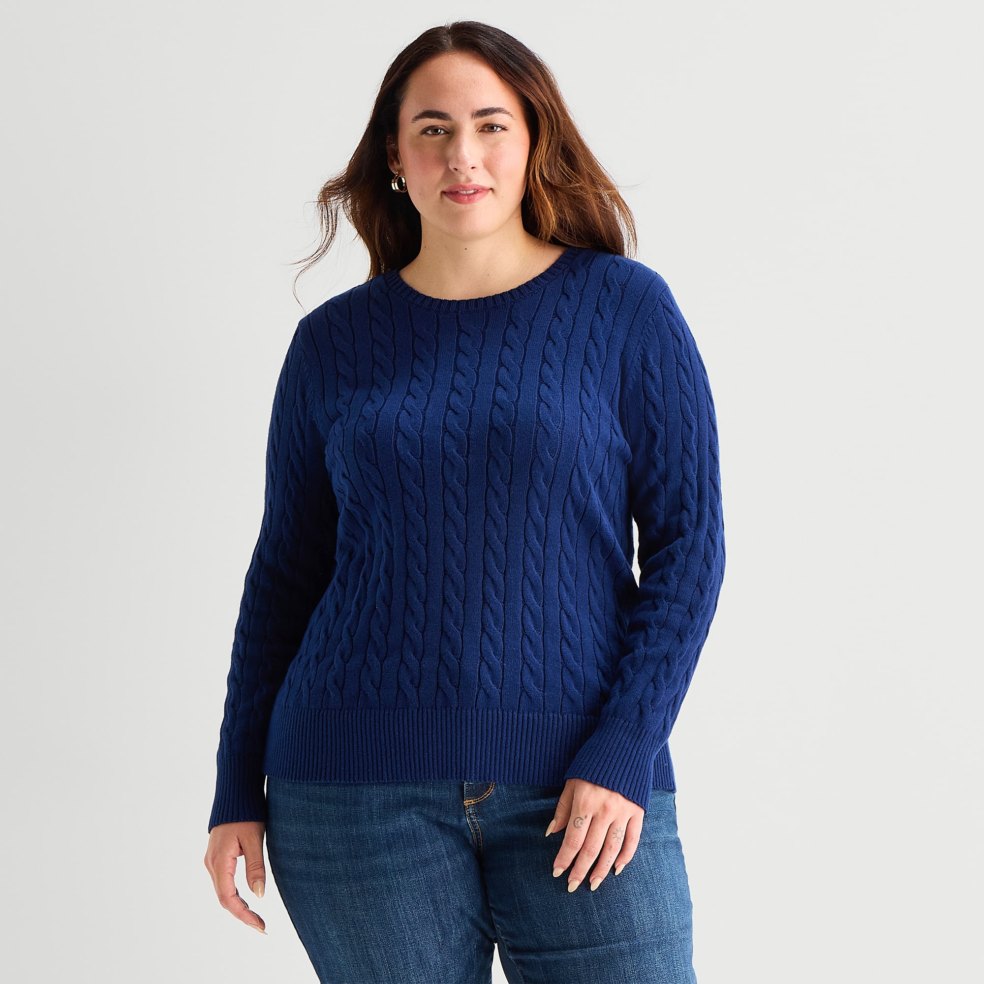 St. John's Bay Plus Womens Crew Neck Long Sleeve Cable Knit Pullover Sweater
