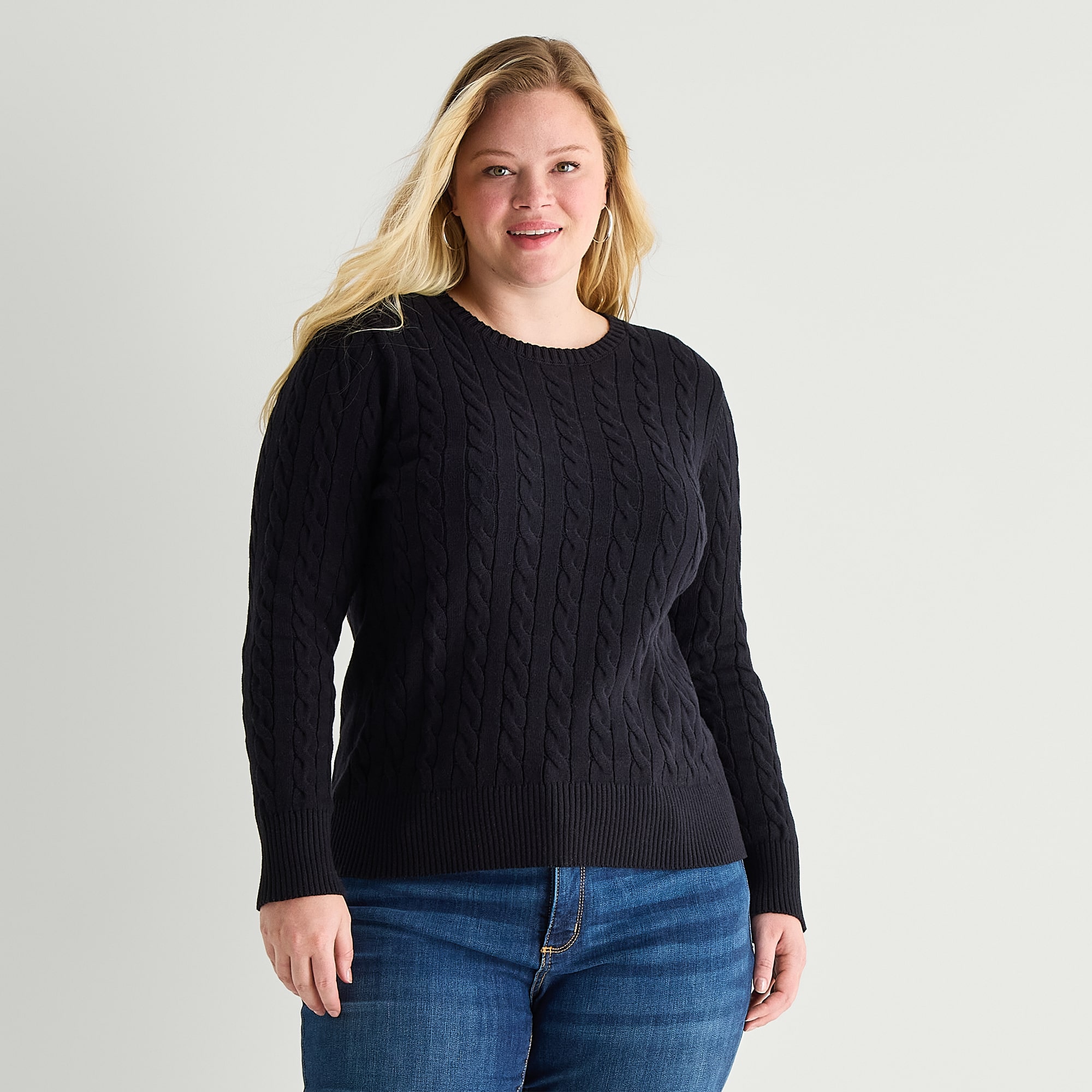 St. John's Bay Plus Womens Crew Neck Long Sleeve Cable Knit Pullover Sweater