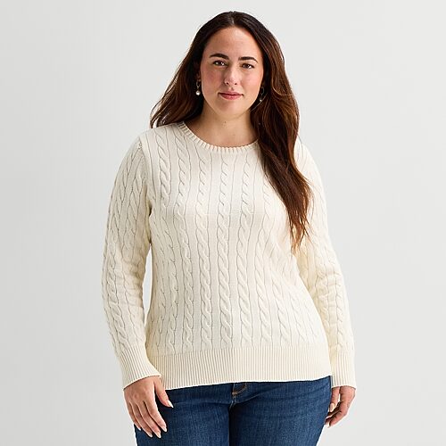 St. John's Bay Plus Womens Crew Neck Long Sleeve Cable Knit Pullover Sweater In Silver