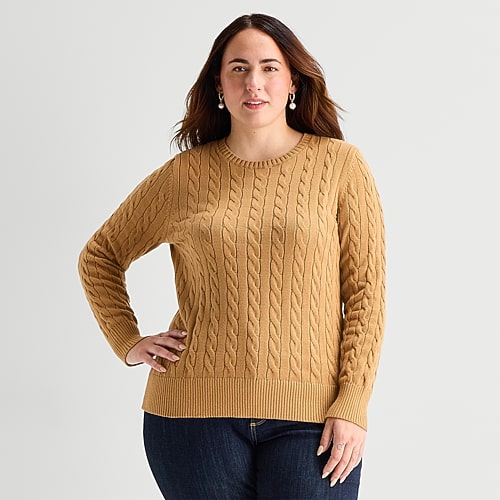 St. John's Bay Plus Womens Crew Neck Long Sleeve Cable Knit Pullover Sweater In Brown