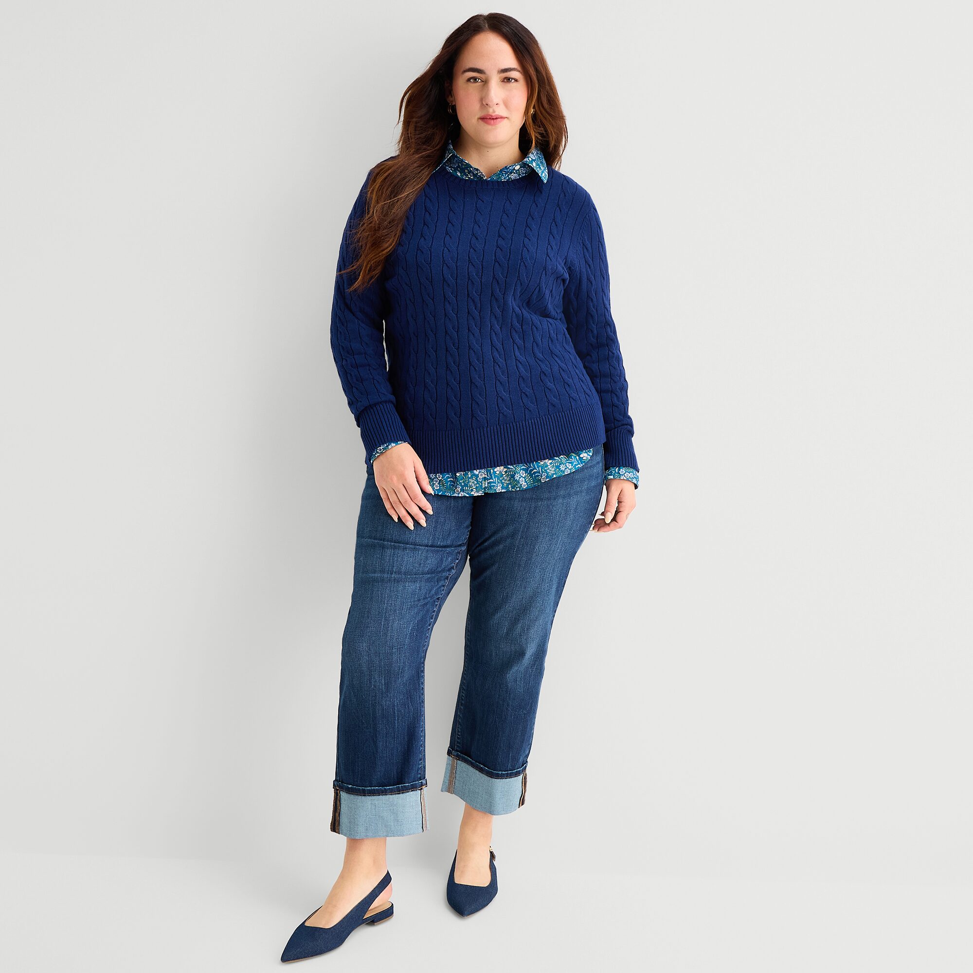 St. John's Bay Plus Womens Crew Neck Long Sleeve Cable Knit Pullover Sweater