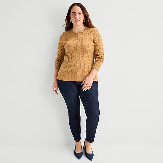 St. John's Bay Plus Womens Crew Neck Long Sleeve Cable Knit Pullover Sweater