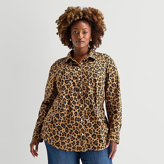 St. John's Bay Womens Plus Easy-on + Easy-off Cuffed Long Sleeve Regular Fit Button-Down Shirt