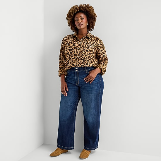 St. John's Bay Womens Plus Easy-on + Easy-off Cuffed Long Sleeve Regular Fit Button-Down Shirt