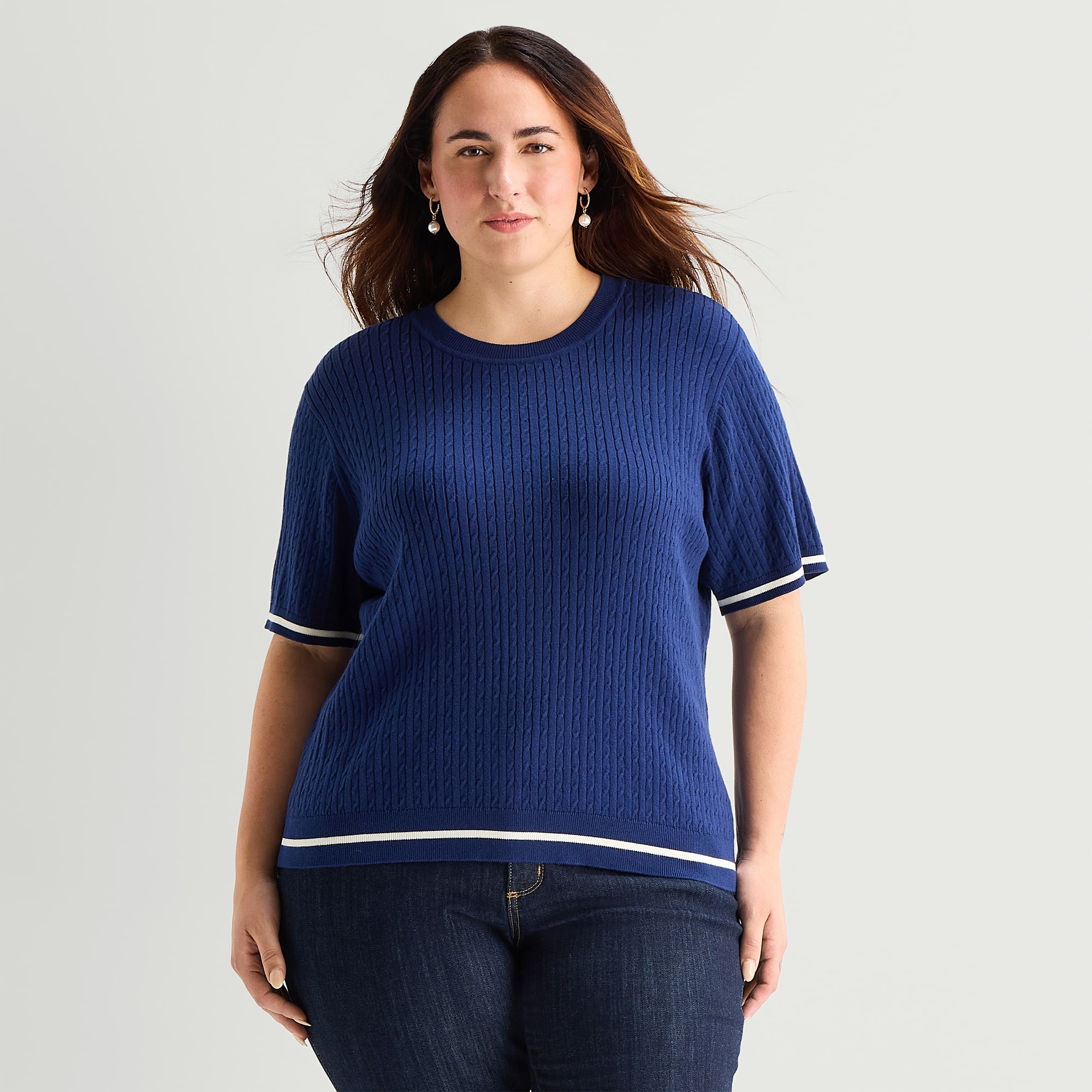 St. John's Bay Plus Womens Crew Neck Short Sleeve Cable Knit Pullover Sweater