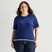 St. John's Bay Plus Womens Crew Neck Short Sleeve Cable Knit Pullover Sweater