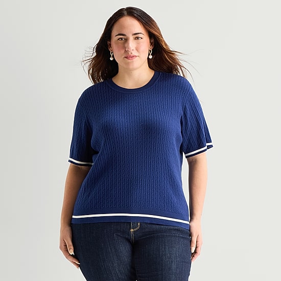 St. John's Bay Plus Womens Crew Neck Short Sleeve Cable Knit Pullover Sweater
