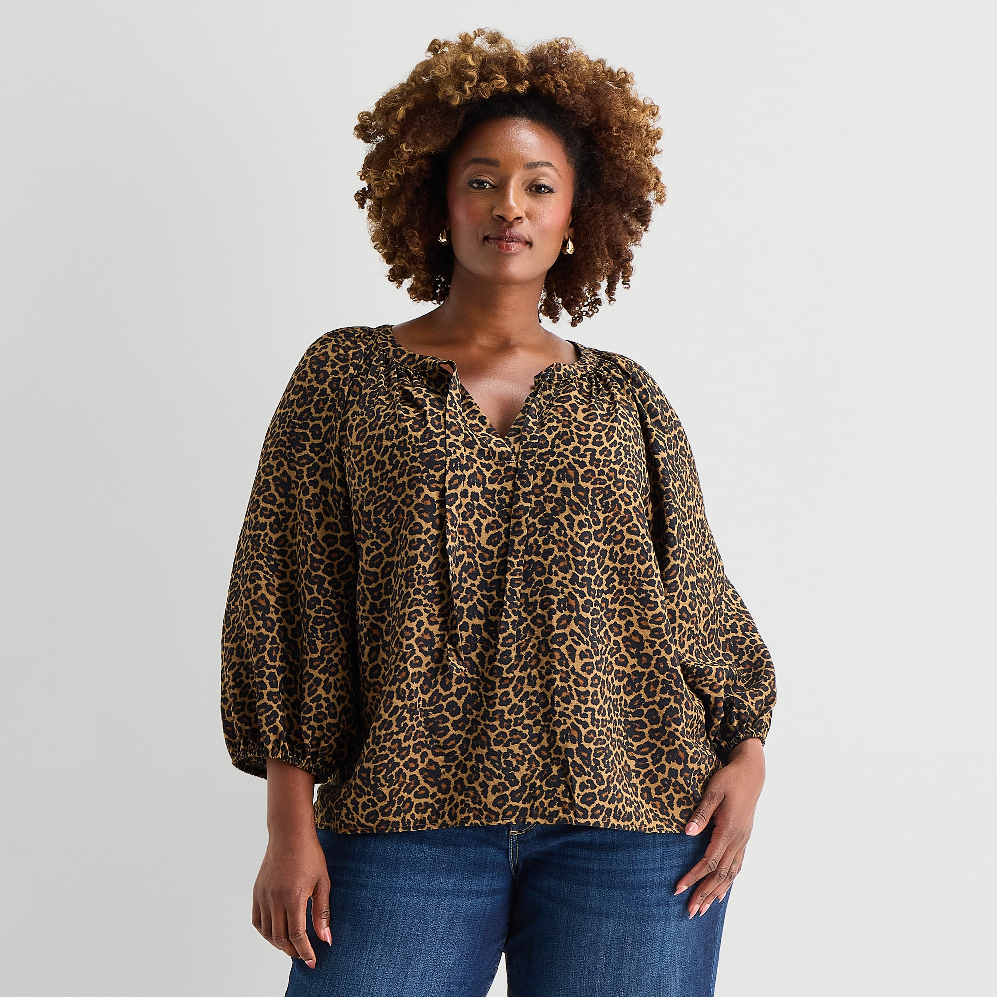 St. John's Bay Womens Plus Split Tie Neck 3/4 Sleeve Blouse
