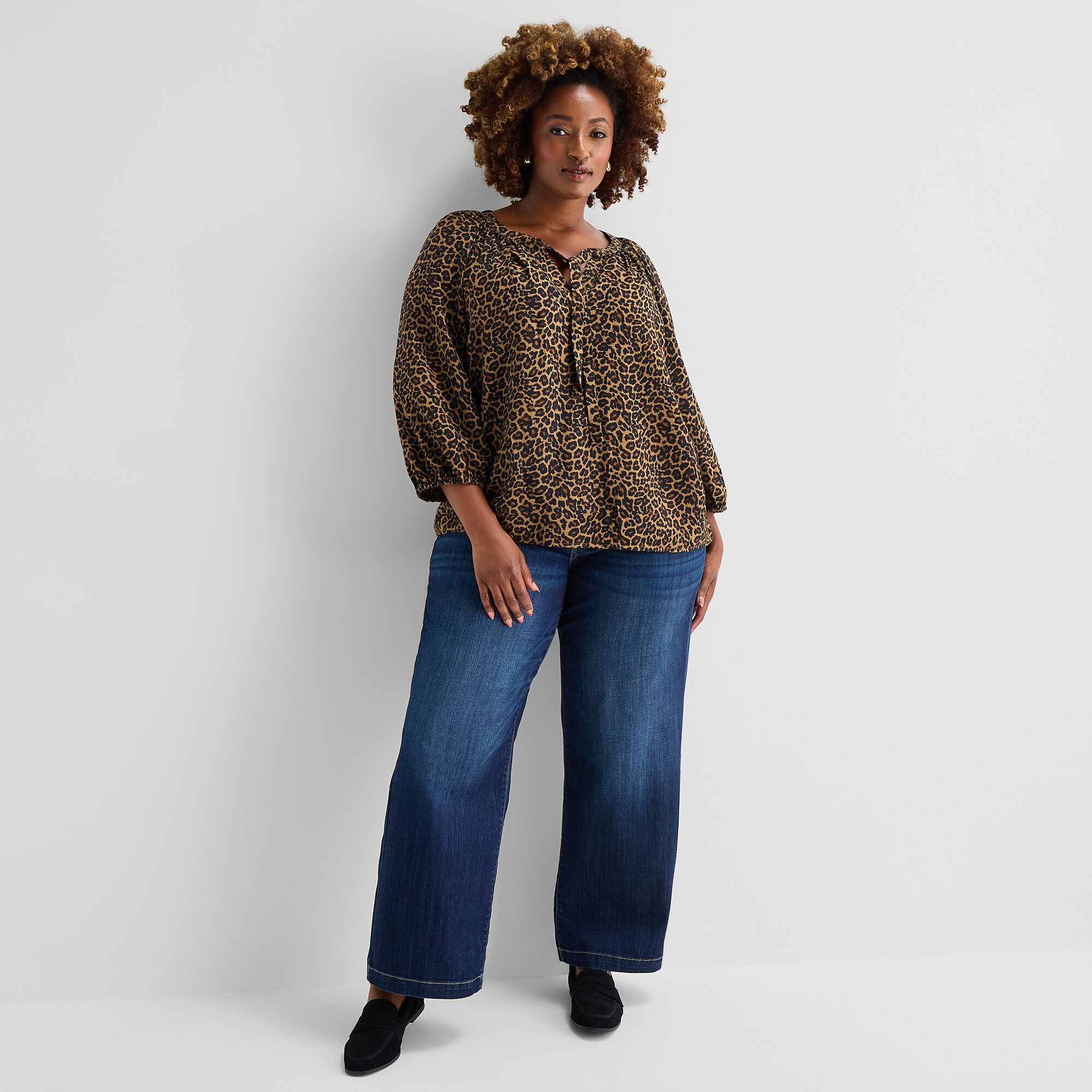 St. John's Bay Womens Plus Split Tie Neck 3/4 Sleeve Blouse