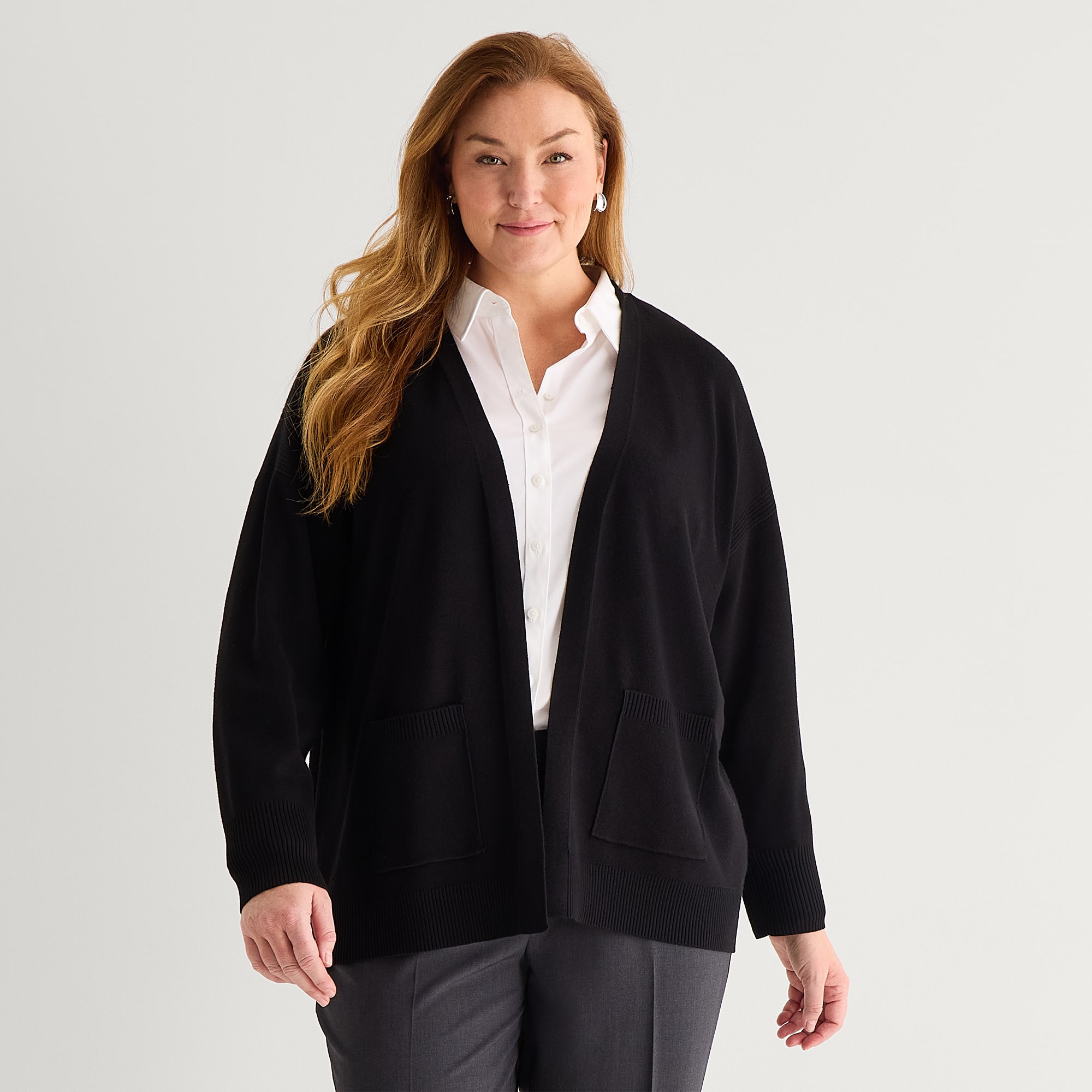 Liz Claiborne Womens Long Sleeve Open Front Plus Cardigan