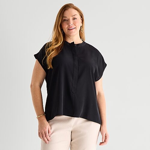Liz Claiborne Womens Plus Short Sleeve Blouse In Black