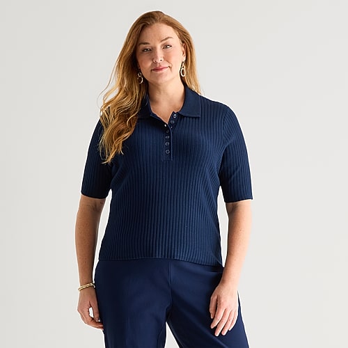 Liz Claiborne Plus Womens Elbow Sleeve Polo Sweater In Blue