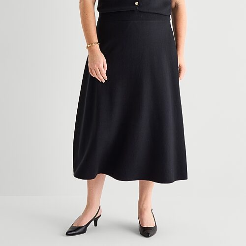 Liz Claiborne Womens Plus High Rise Midi Sweater Flared Skirt In Black