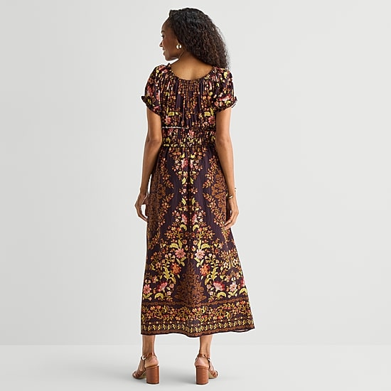 Be by CHETTA B Womens Square Neck Short Sleeve Puffed Maxi Dress