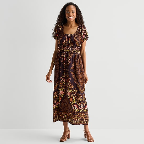 Be by CHETTA B Womens Square Neck Short Sleeve Puffed Maxi Dress