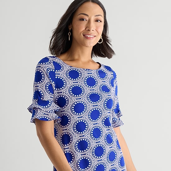 Perceptions Womens Round Neck Short Sleeve Abstract Shift Dress