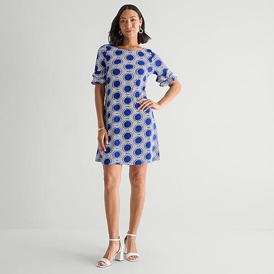 Perceptions Womens Round Neck Short Sleeve Abstract Shift Dress