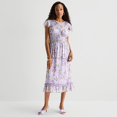 Perceptions Womens Midi Round Neck Short Sleeve Ruffled Floral Fit + Flare Dress In Purple