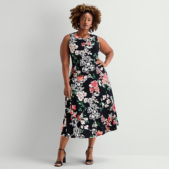 robbie bee fit and flare dresses Robbie Bee Womens Plus Midi Crew Neck Sleeveless Floral Fit + Flare Dress,  Color: Black