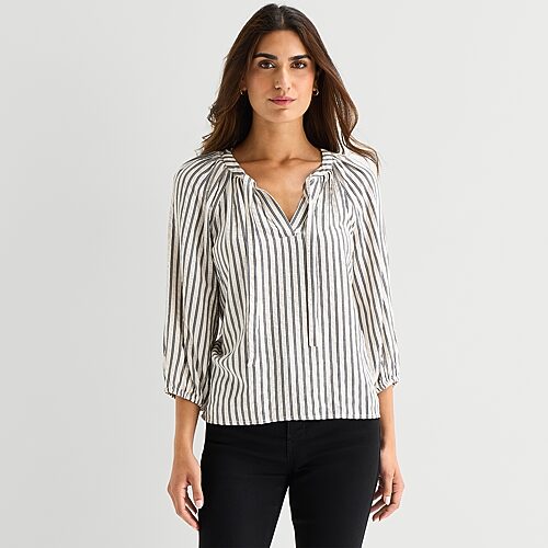 St. John's Bay Womens Tall Split Tie Neck 3/4 Sleeve Blouse In White