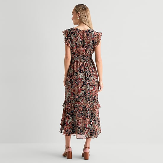 Danny & Nicole Womens Midi V Neck Short Sleeve Ruffled Chiffon Paisley Fit + Flare Dress