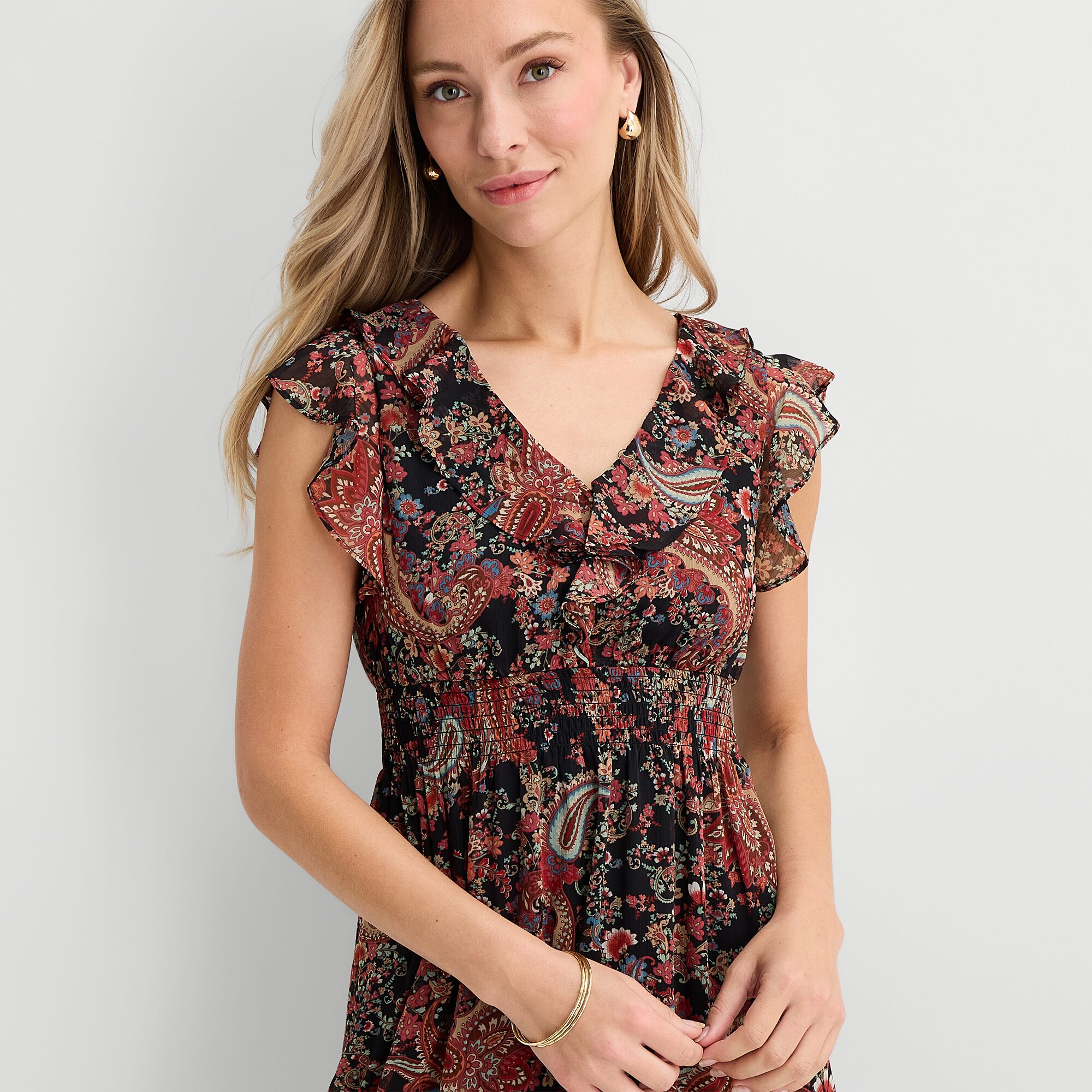 Danny & Nicole Womens Midi V Neck Short Sleeve Ruffled Paisley Fit + Flare Dress