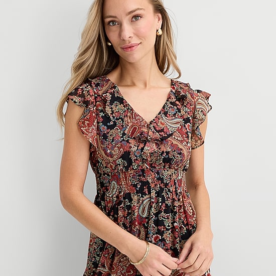 Danny & Nicole Womens Midi V Neck Short Sleeve Ruffled Chiffon Paisley Fit + Flare Dress
