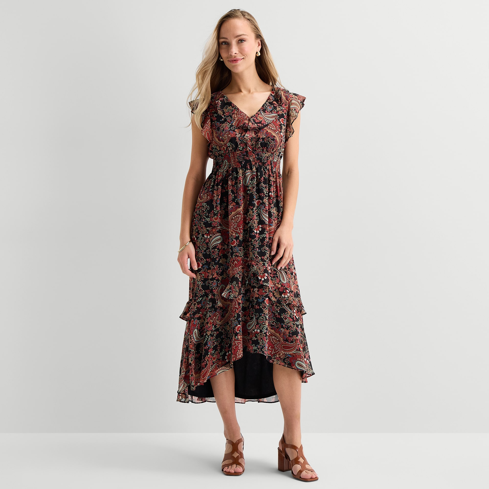 Danny & Nicole Womens Midi V Neck Short Sleeve Ruffled Paisley Fit + Flare Dress