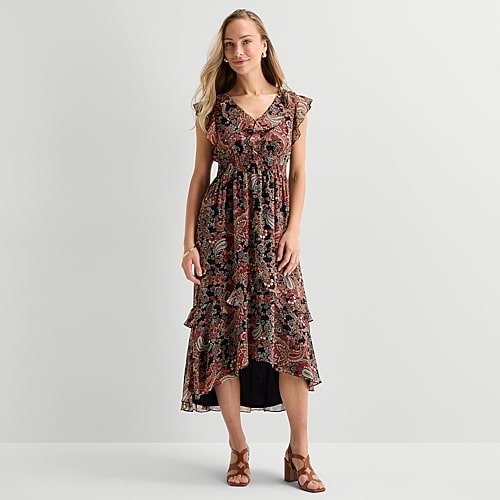 Danny & Nicole Womens Midi V Neck Short Sleeve Ruffled Paisley Fit + Flare Dress In Black