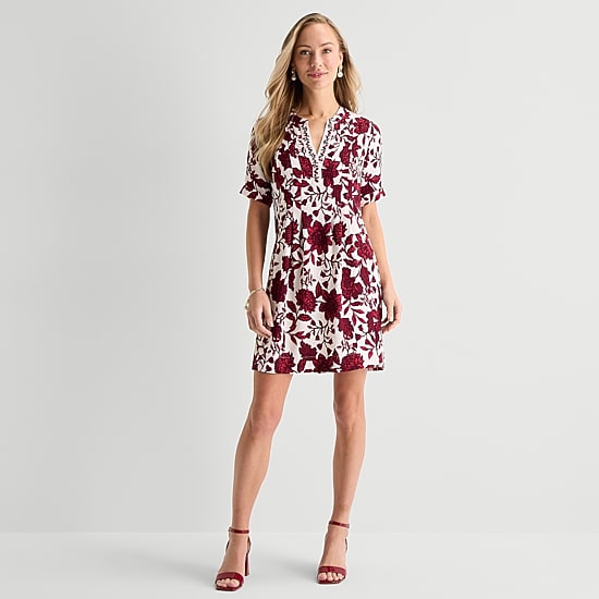 Be by CHETTA B Womens Split Crew Neck Short Sleeve Floral Shift Dress