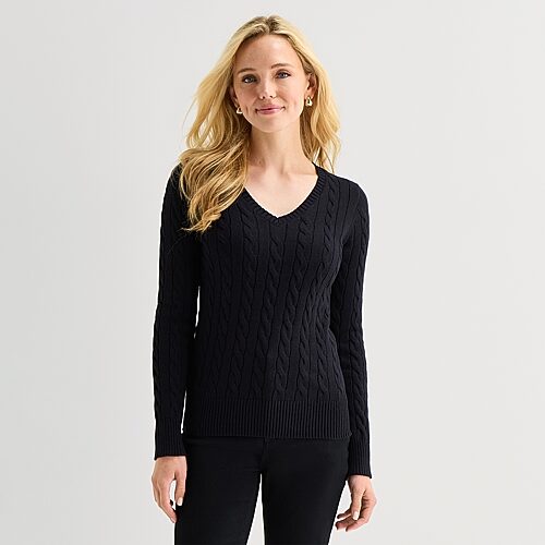 St. John's Bay Tall Womens V Neck Long Sleeve Cable Knit Pullover Sweater In Black