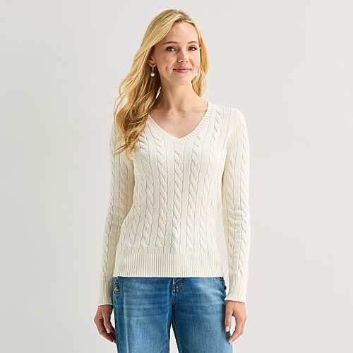 St. John's Bay Tall Womens V Neck Long Sleeve Cable Knit Pullover Sweater In White