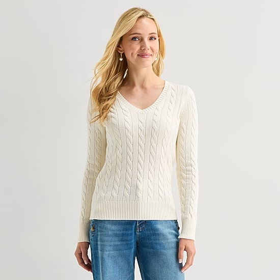 St. John's Bay Tall Womens V Neck Long Sleeve Cable Knit Pullover Sweater