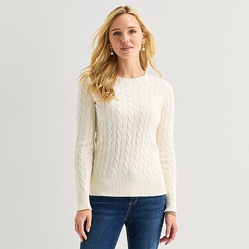 St. John's Bay Tall Womens Crew Neck Long Sleeve Cable Knit Pullover Sweater In White