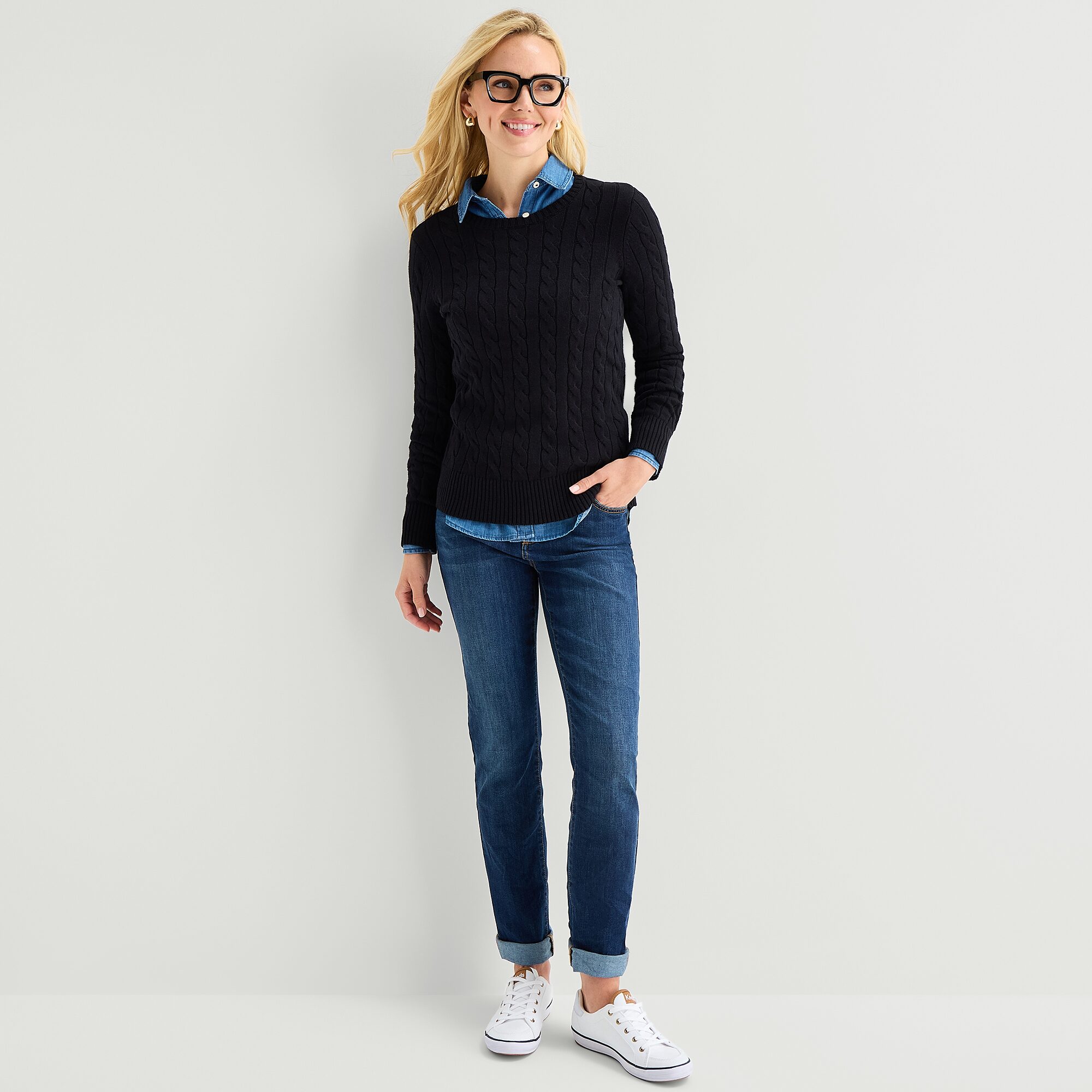 St. John's Bay Tall Womens Crew Neck Long Sleeve Cable Knit Pullover Sweater