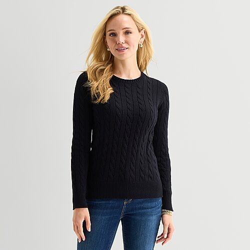 St. John's Bay Womens Crew Neck Long Sleeve Cable Knit Pullover Sweater In Black