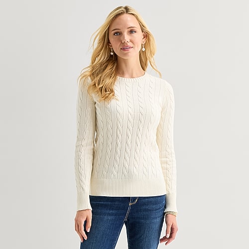 St. John's Bay Womens Crew Neck Long Sleeve Cable Knit Pullover Sweater In White