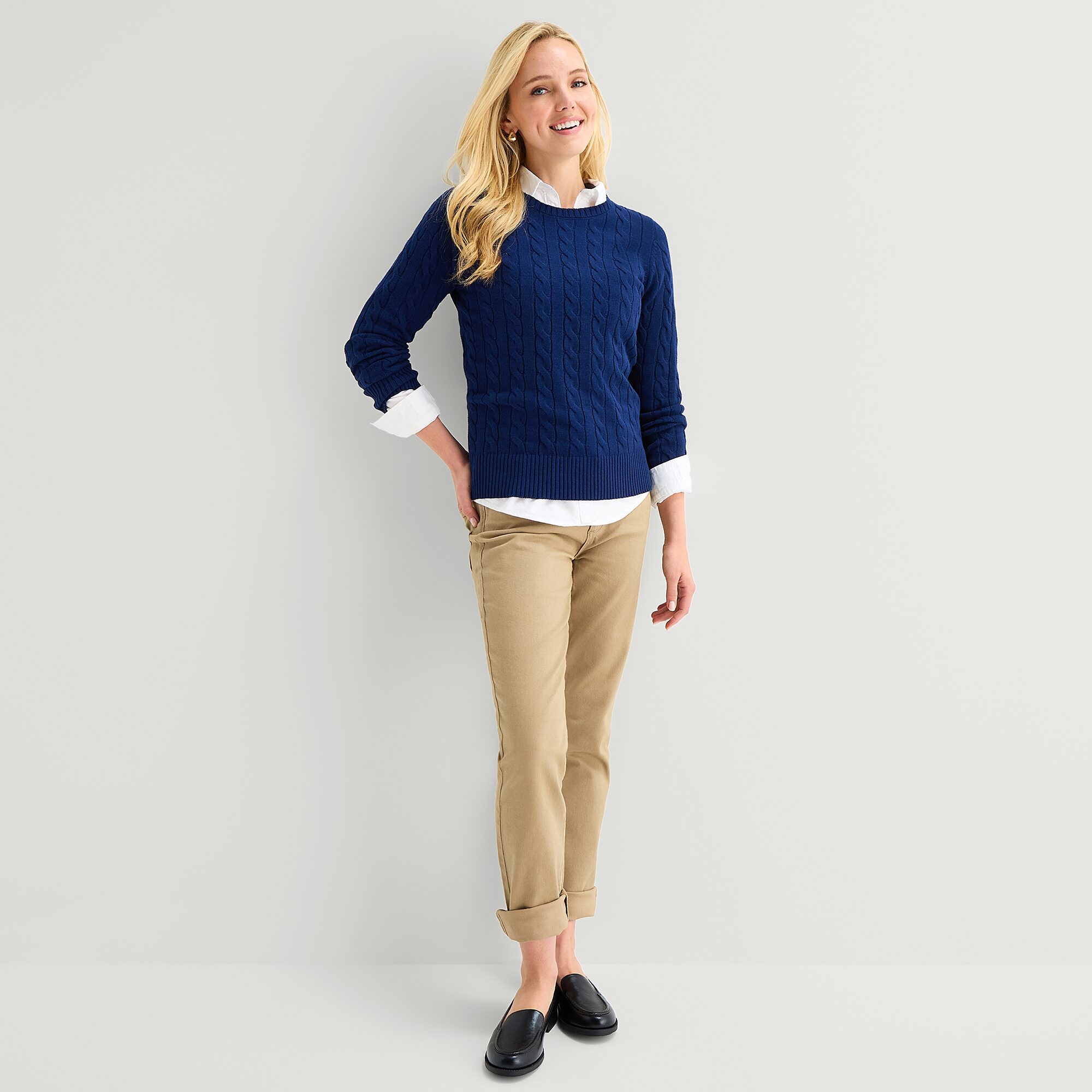 St. John's Bay Womens Crew Neck Long Sleeve Cable Knit Pullover Sweater