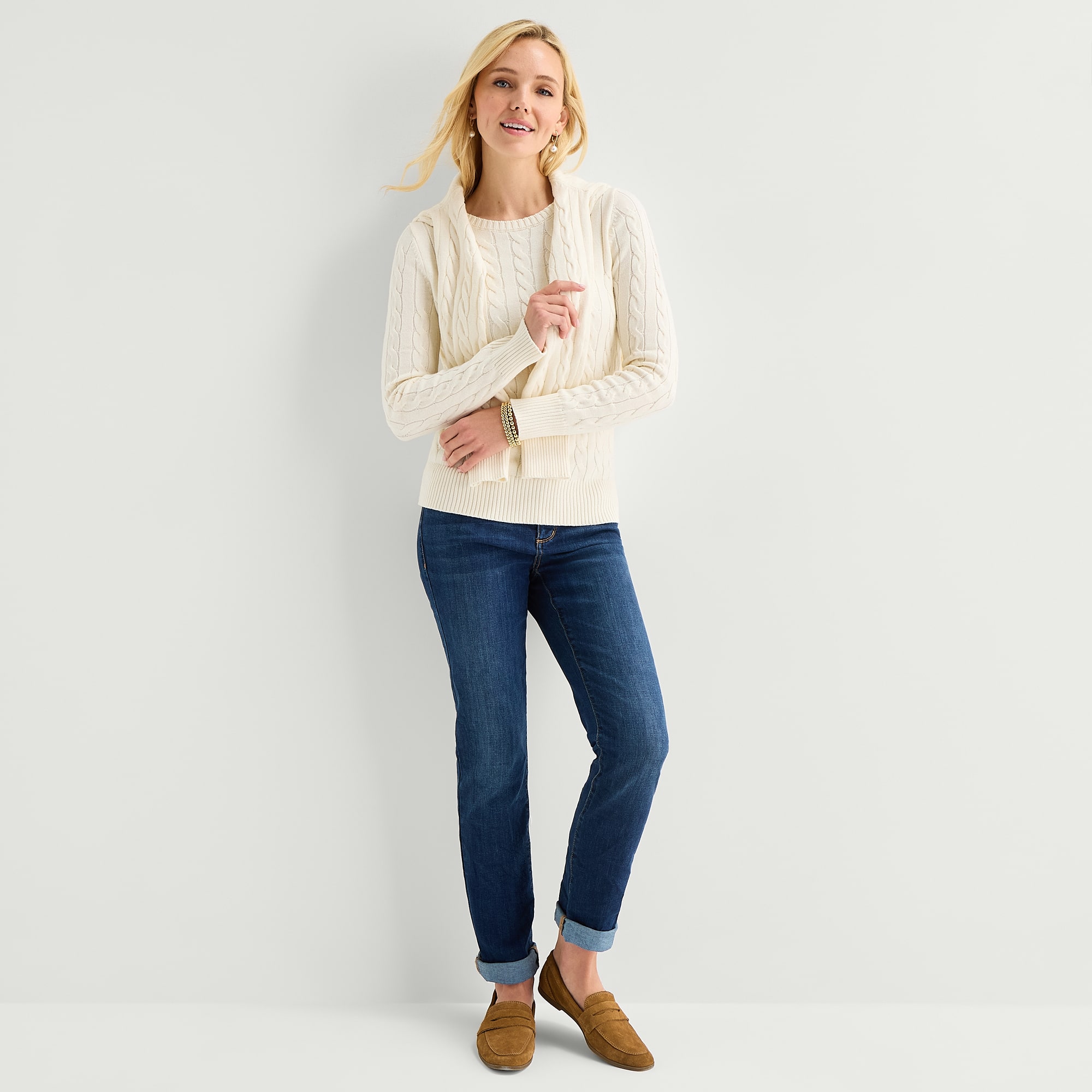 St. John's Bay Womens Crew Neck Long Sleeve Cable Knit Pullover Sweater