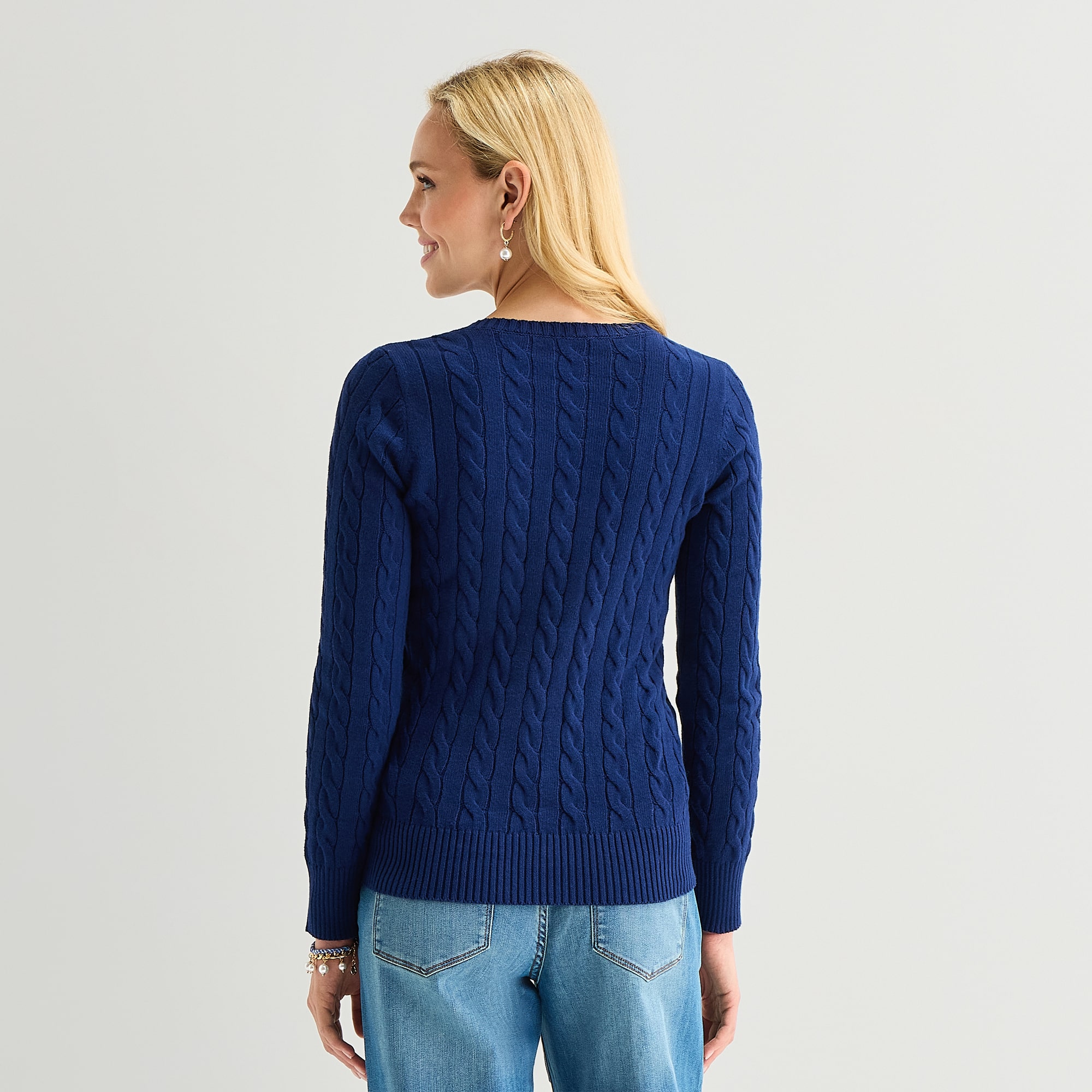 St. John's Bay Womens V Neck Long Sleeve Cable Knit Pullover Sweater