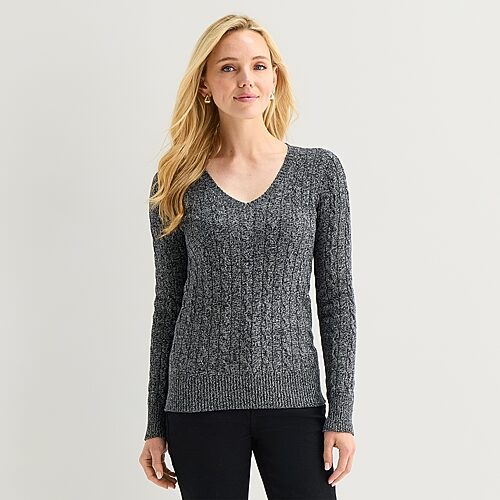 St. John's Bay Womens V Neck Long Sleeve Cable Knit Pullover Sweater, Xx-large, Gray