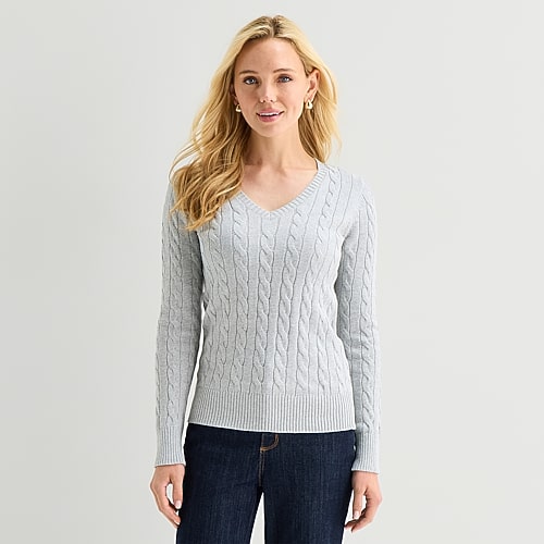 St. John's Bay Womens V Neck Long Sleeve Cable Knit Pullover Sweater In Gray