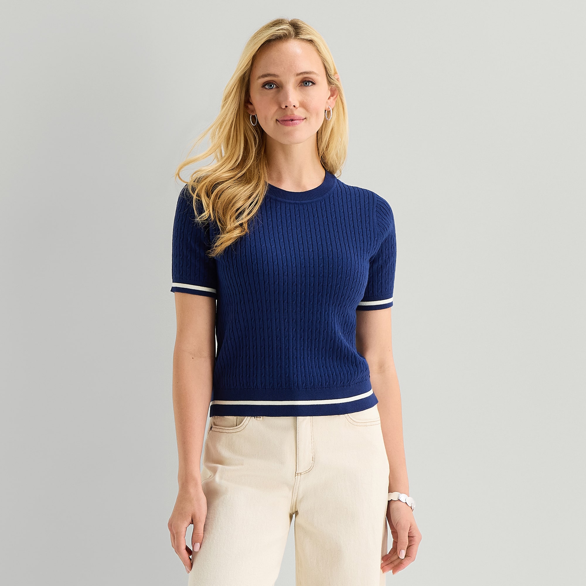 St. John's Bay Womens Crew Neck Short Sleeve Cable Knit Pullover Sweater
