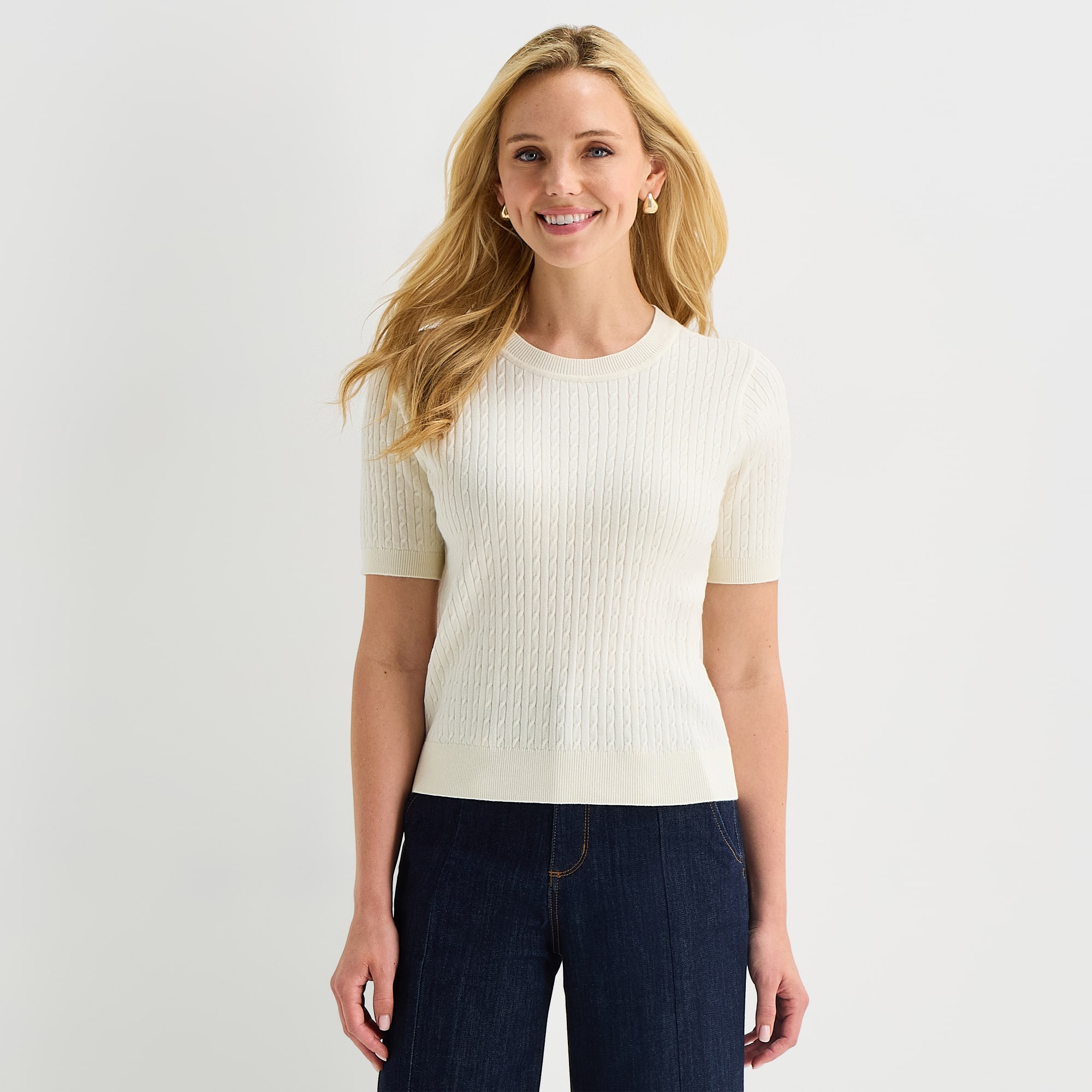 St. John's Bay Womens Crew Neck Short Sleeve Cable Knit Pullover Sweater