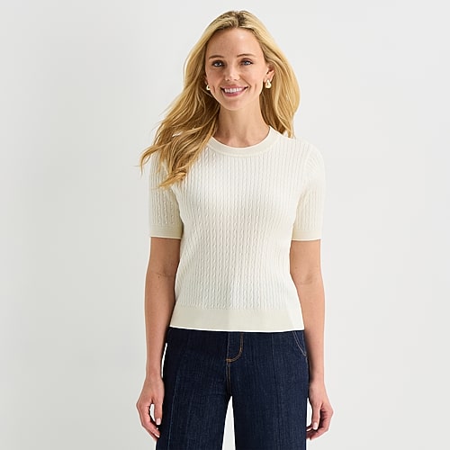 St. John's Bay Womens Crew Neck Short Sleeve Cable Knit Pullover Sweater In White